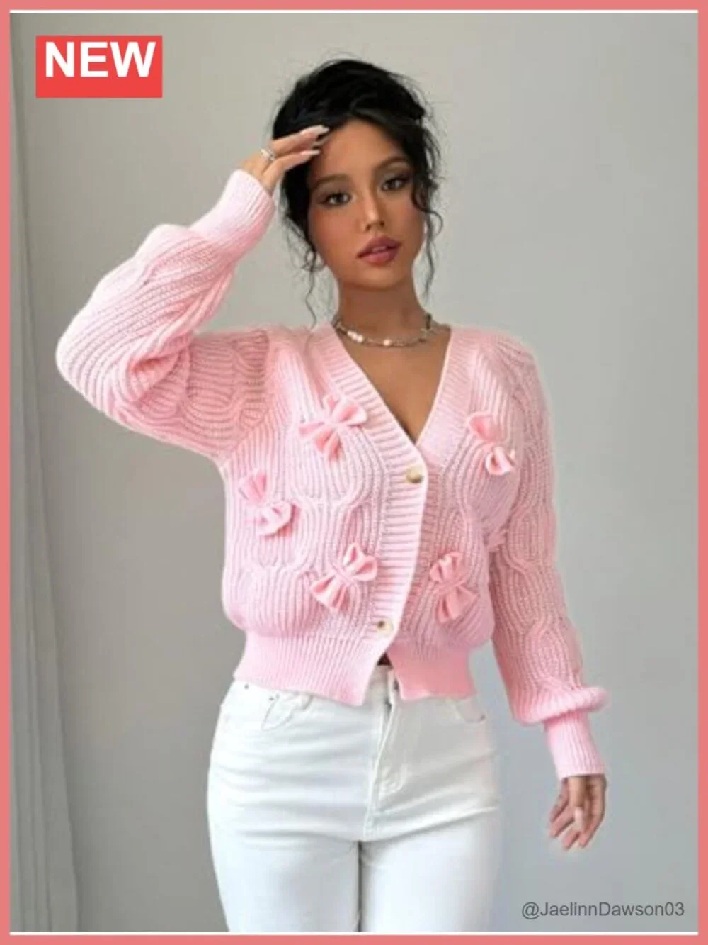 Cropped Bow Chunky Knit Cardigan Open Front Long Sleeve Button Up Sweater